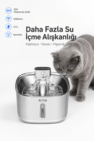 SOLEZON موزع مياه للقطط مزود بمستشعر هيدرا من AI Cat سعة 3.2 لتر من الفولاذ ا...
