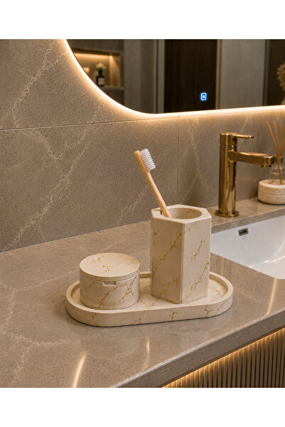 ThreeT Beton banyo seti dekoratif beyaz-diş fırcalık set