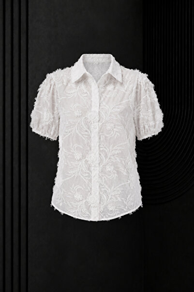 studio fashion 1988 Ecru Three-Dimensional Floral Embroidered Cotton Short Sl...