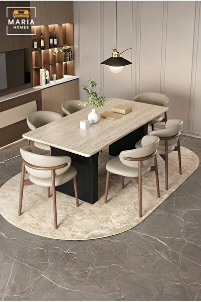 MARIA HOMES طاولة طعام مستطيلة عصرية بسطح خشبي وأرجل منحنية، طاولة معاصرة لغر...