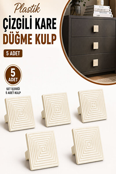 Badem10 Plastik Çizgili Kare Düğme Kulp 5 Adet Krem Renk Mobilya Dolap Çekmec...