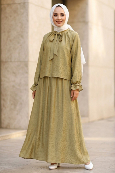 Neva Style Set hijab verde fistic cu detaliu de volan cu guler eșarfă 53331FY