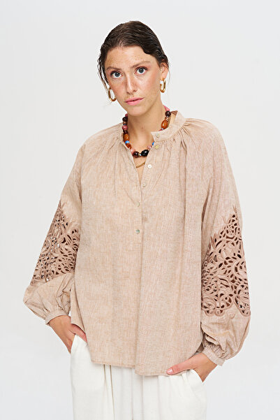 Orfeo Negro Women's Blouse with Openwork Lace Detail on the Sleeves and High ...