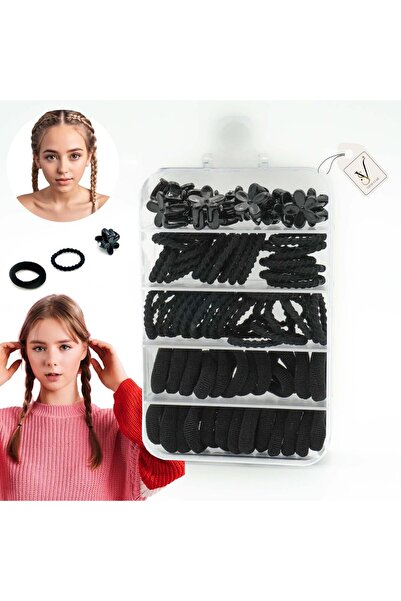 View star 74 PCS Black Hair Mini Elastic Rubber Set for Pony with Mini Claw C...