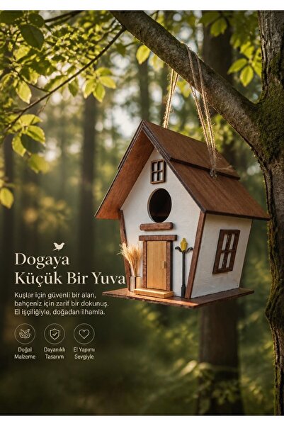 Brokoli Home El Yapımı Ahşap Kuş Yuvası Dekoratif Kuş Evi Bahçe Balkon Dekora...