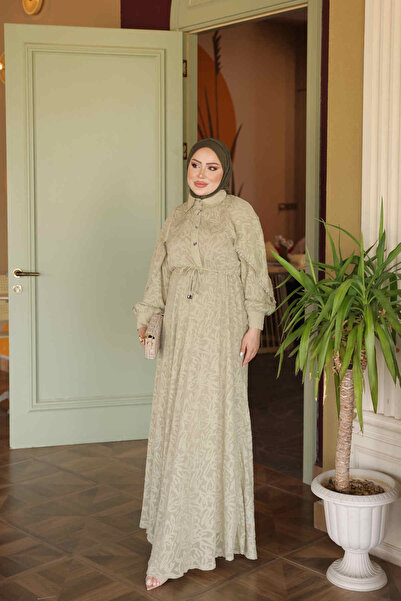 İmajButik Khaki Tie-Waist Patterned Dress