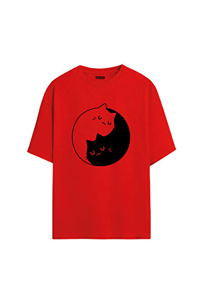 Yin Yang Kedi Baskılı PREMİUM Bisiklet Yaka %100 Pamuk kısa kollu Oversize Tshirt E-11