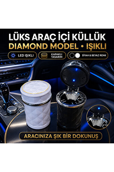 YMÇ DETAILING & AUTOMOTIVE Lüks Araç İçi Küllük Diamond Model Işıklı BEYAZ-SİYAH