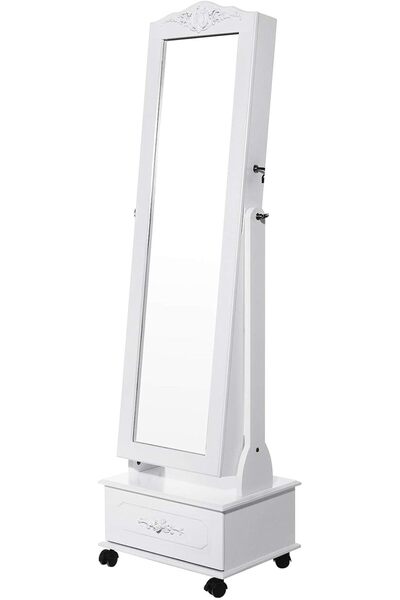 SONGMICS Tekerlekli ve Led Aydınlatmalı Kilitlenebilir Mücevher Dolabı, Beyaz...