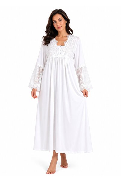 Noom Nightwear Long Nightgown with Lace on the Chest Long Sleeve Cotton
