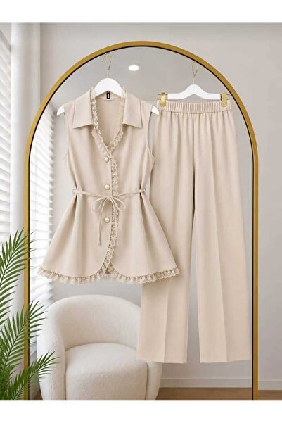 MODA MT Women's Vest Lace Detailed Pants Set