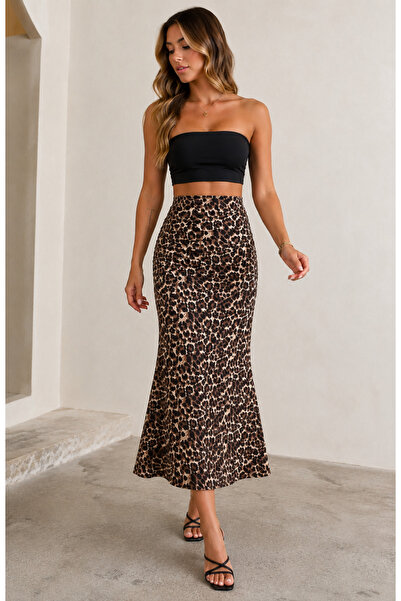MAROVOAY Fusta maxi din lycra cu imprimeu leopard și talie elastică