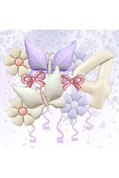 ÇITIPITISTORE Cream Lilac Butterfly Daisy Foil Balloon Birthday Celebration P...