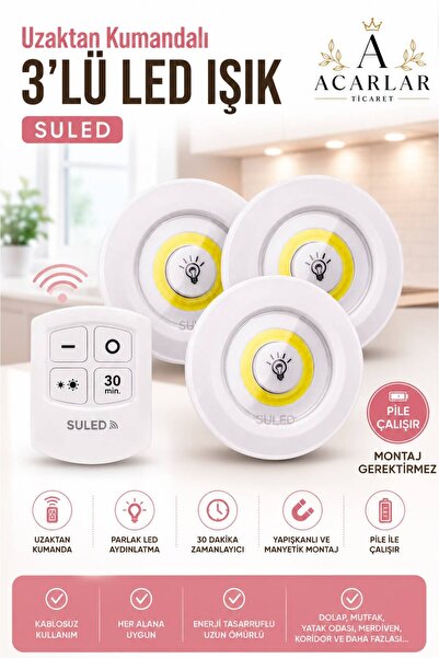 Acarlar Ticaret Pilli Uzaktan Kumandalı Montajsız Yapışkanlı 3'lü Spot Led Iş...