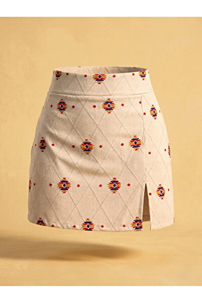 Velista Fustă mini cu fermoar din in, cu broderie etnică, crem, pentru femei,...