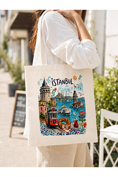 Tomris Hatun Istanbul Themed, Printed Raw Fabric Bag, Shoulder Bag, Shopping Bag