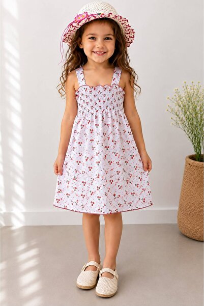 Kuzucuk Kids Bebek Çocuk Butik Kız Çocuk Kırmızı Kiraz Desenli Askılı Şapkalı...