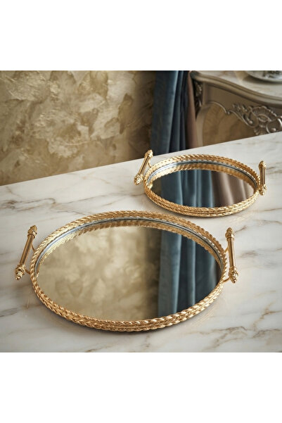 Furkan Vintage Decorative Jardinier Mirror Gold Round Tray Set of 2