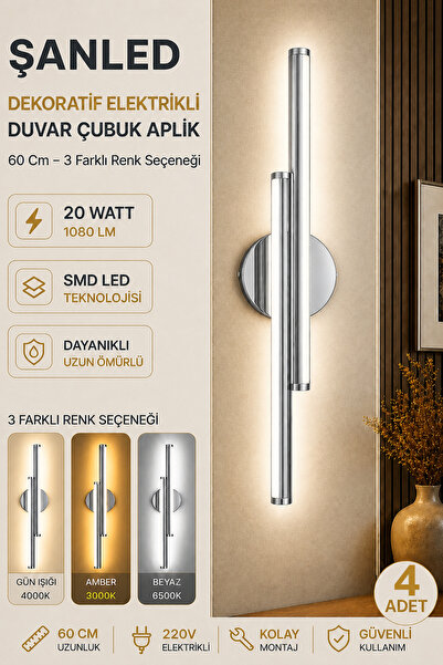 ŞANLED Decorative 20W Indoor Chrome Case 3-Color Light 60 cm Wall Sconce Elec...