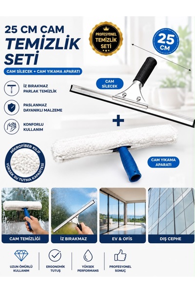 Ceyhanlar 25 Cm Cam Silme Seti Cam Çekçek Cam Yıkama Aparatı Mikrofiber Cam T...