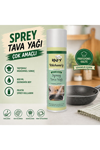 Kitchenify Sprey Tava Yağı 600 ml - Yapışmaz Pişirme Spreyi | Kek Kalıbı, Fırın Tepsisi, Waffle, Tost, Airfry ve Izgara İçin Sprey Yağ