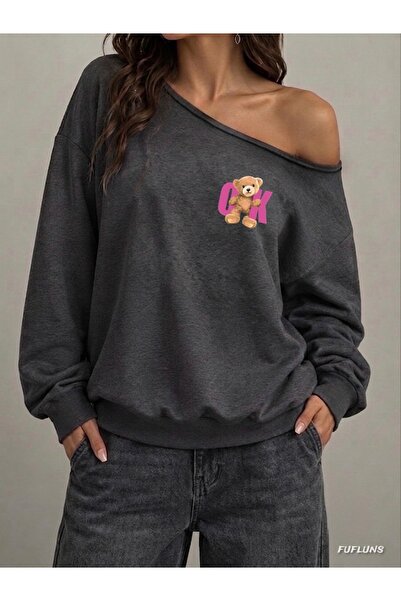 FUFLUNS Mini Bear Printed Oversize Women's Boat Neck Sweatshirt