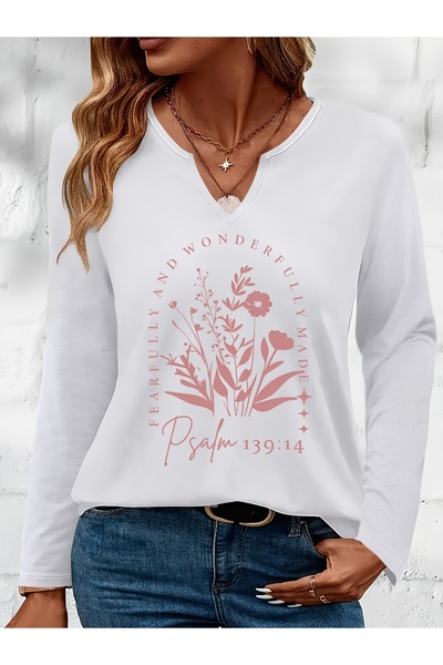 mercoledi Floral Print Cotton Half V-Neck Long Sleeve Blouse