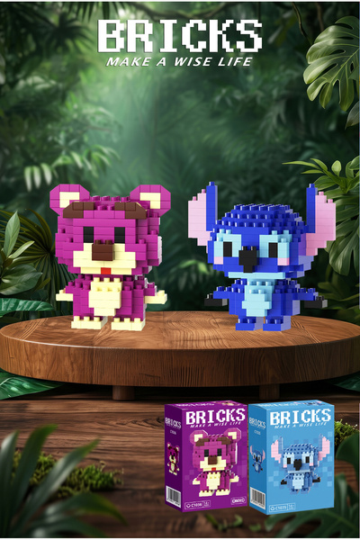 Bricks make a wise life Stitch ve Lotso 3D Yapboz - İkili Set - Mikro Blok Ya...