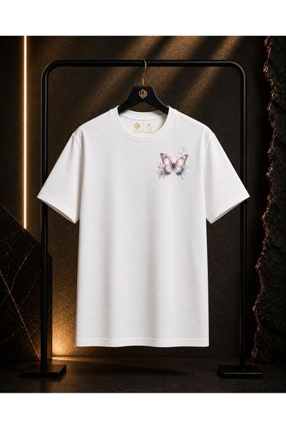 GOB Collection تي شيرت أبيض للجنسين مطبوع عليه هلال وفراشة 100% قطن، مقاس كبير، ياقة دائرية، وأكمام قصيرة، أبيض