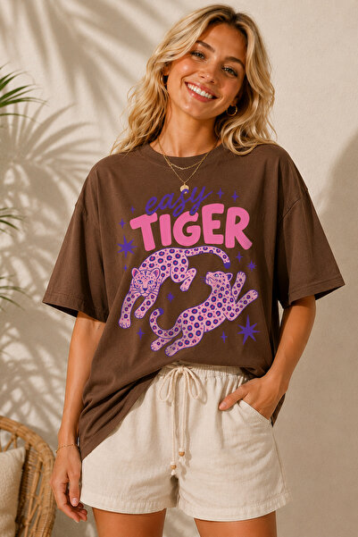 ArtYus Easy Tiger Printed Crew Neck Casual Unisex Oversize T-Shirt - Leopard ...