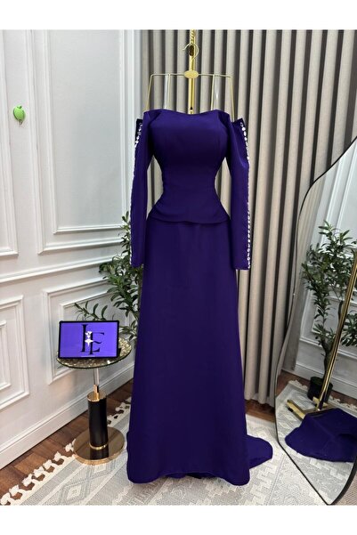 FASHION فستان سهرة أنيق بستايل ملكي باللون البنفسجي الغامق، بأكمام طويلة مزين...