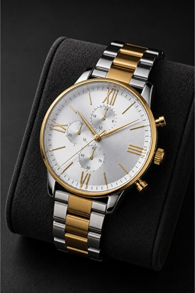 Leerybee Men's Wristwatch Gold Silver Metal Band Silver Dial Roman Numeral Ch...