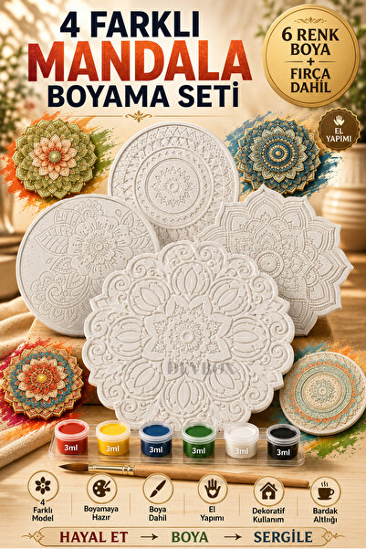 devhome 4'lü Mandala Boyama Seti | 4 Farklı El Yapımı Alçı Mandala, 6 Renk Ak...