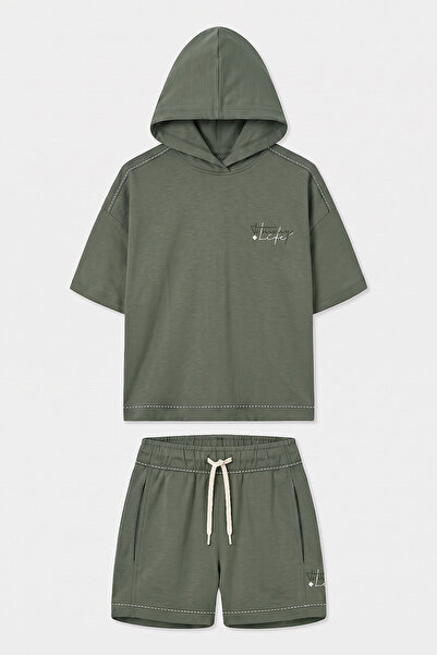 TOMMY LIFE Khaki Hooded Girl's Shorts Set with Stitching Detail - 75185