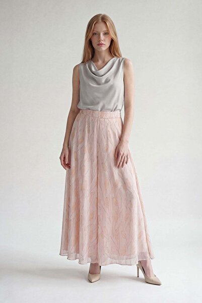Levidor Beige Square Pattern Wide Leg Chiffon Trousers