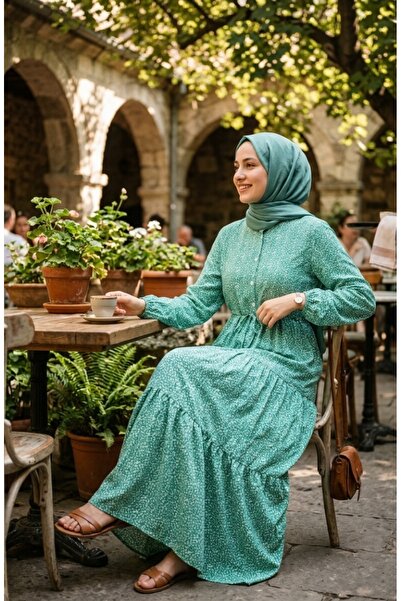 sefamerve فستان حجاب بحزام خصر مزين بالزهور 0298-04 أخضر