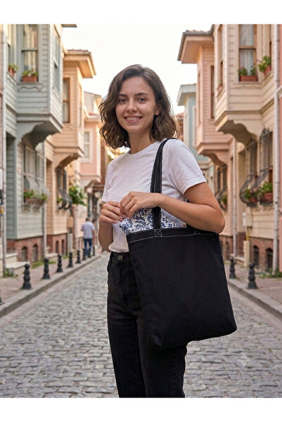 İkra Butik Siyah Keten Dokulu Kanvas Çanta - Beyaz Dikişli Geniş Hacimli Plaj...