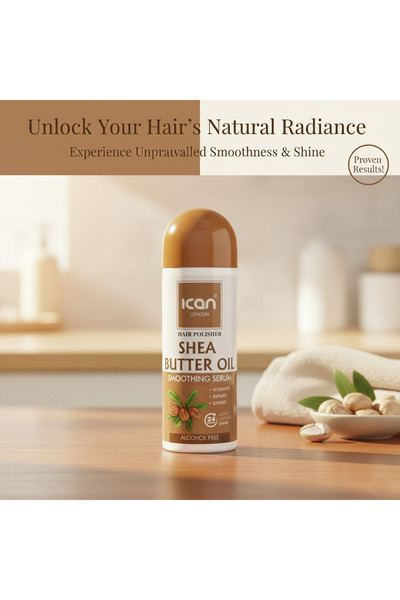 Ican London Hair Polisher Shea Butter Oil Smoothing Serum 207ml – Alcohol-Free Anti-Frizz Hair Serum for Smooth, Soft & Shiny Hair