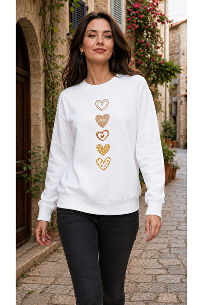 TREND EMMODA Women's Vertical 5 Heart Printed Round Crew Neck Casual Basic Sw...