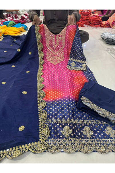 MYSMAR Blue Chinon Silk Bandhani Kurta Set - FFT8097 | Blue-Size:L-40-Inches