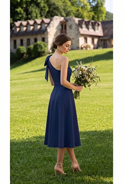 ENDAMIM Φόρεμα με έναν ώμο, μήκους μίντι, με φιόγκο και λεπτομέρειες, για γάμ...