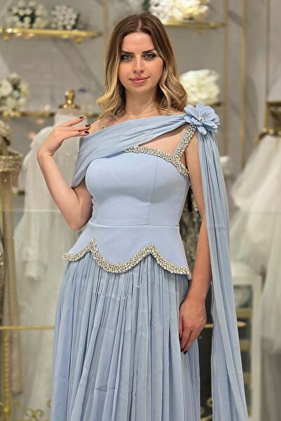 Yonca Moda Evi Mavi Taşlı Pelerinli Abiye 6795