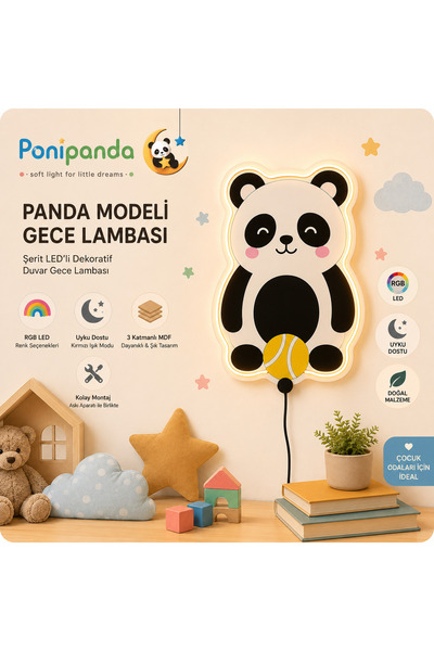Genel Markalar Ponipanda Panda Figürlü RGB LED Çocuk Odası Duvar Gece Lambası