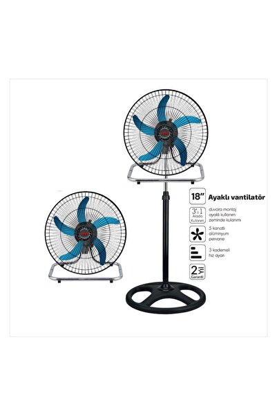 Sanayi Tipi Ayaklı Vantilatör - 5 Metal Kanatlı - 18 İnç 46 Cm