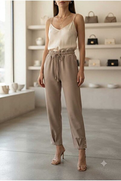 WOHOME Elastic Waist, Lace-Up Cuffs, Button Detail, Casual Women's Trousers