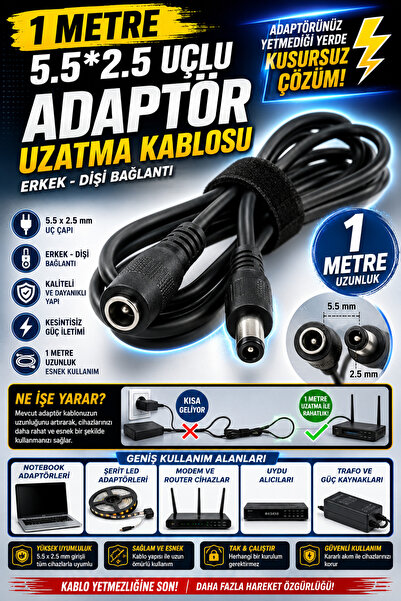 nelerbulurum 1 Metre 5.5x2.5mm Adaptör Uzatma Kablosu Erkek Dişi DC Güç Kablo...