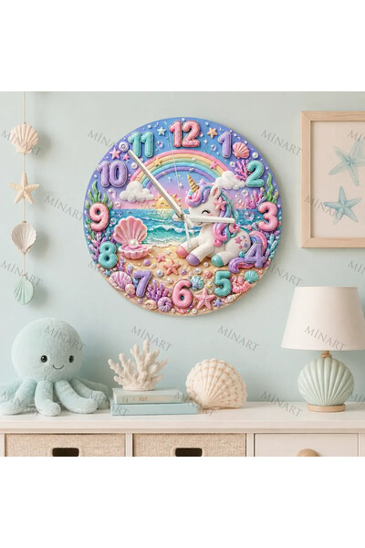 ensaat Sihirli Beach Unicorn Çocuk Odası Duvar Saati Sessiz Ahşap Saat 34,5 cm