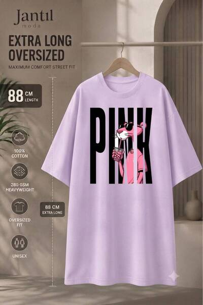 JANTIL MODA Bisiklet Yaka Pink Panther Yazılı Extra Long Oversize Tunik Tişör...