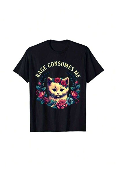 KYMC07 تي شيرت أسود بتصميم Fun Cat And Floral Pattern Anger Devours Me، قماش ...