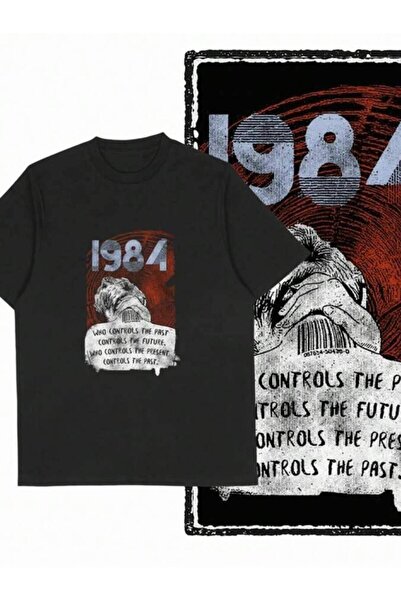 01THEONE تي شيرت Coolmind X0019 قطني كبير الحجم بطباعة 1984، تصميم جرافيك حصر...